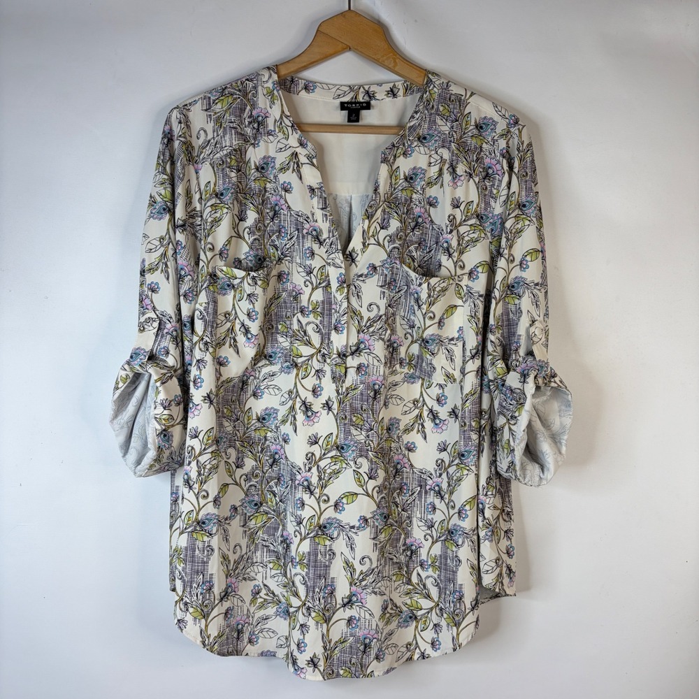 Torrid Harper Blouse Women 2 Ivory Floral Paisley Roll Tab V-Neck Georgette Top